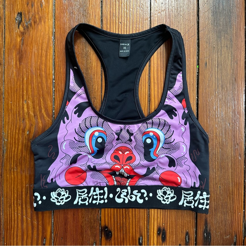 SHEIN x Smile purple & black bat sports bra